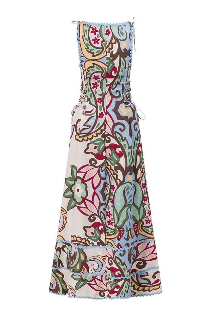 Paisley Print Lace-Up Sleeveless Midi Dress