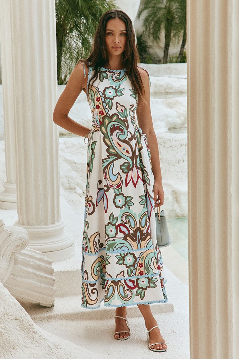 Paisley Print Lace-Up Sleeveless Midi Dress