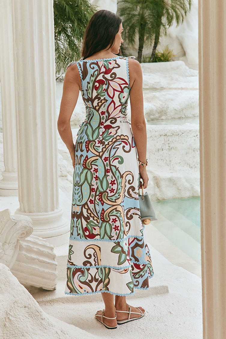 Paisley Print Lace-Up Sleeveless Midi Dress