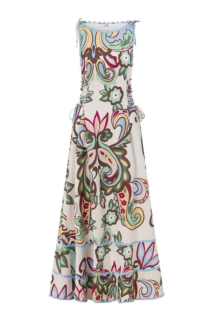 Paisley Print Lace-Up Sleeveless Midi Dress