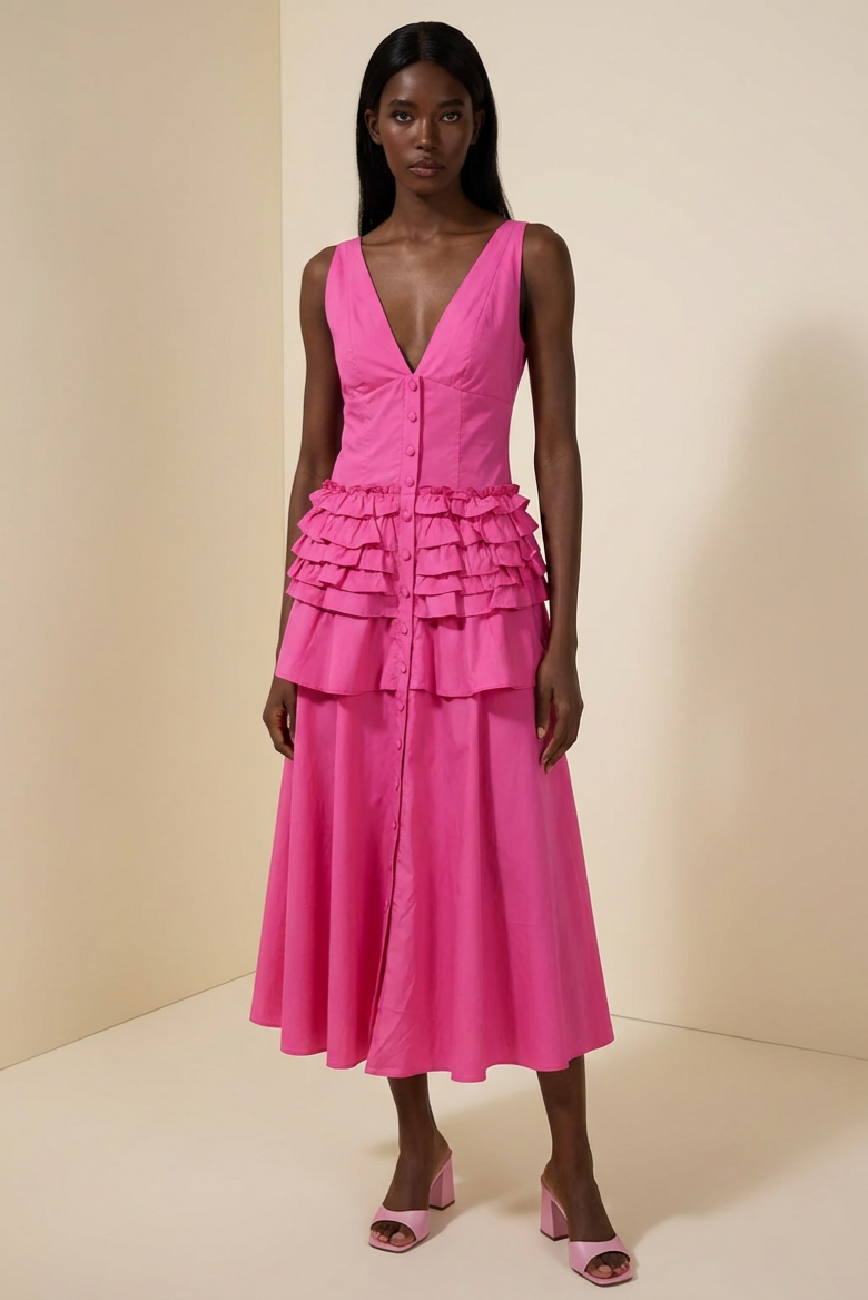 Solid Single Breasted V-Neck Ruffle Smocking Maxi Dress