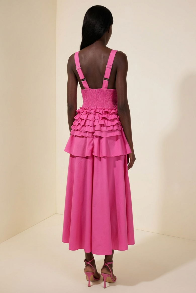 Solid Single Breasted V-Neck Ruffle Smocking Maxi Dress