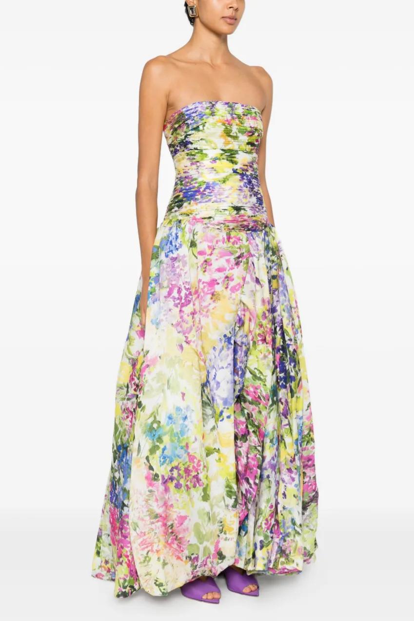 Floral Pleated Smocking Slit Maxi Dress