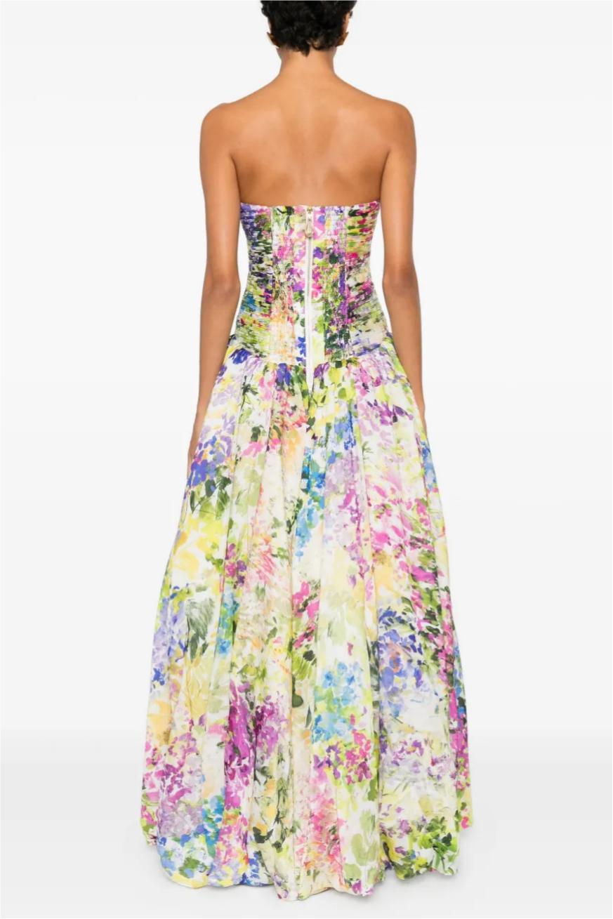 Floral Pleated Smocking Slit Maxi Dress