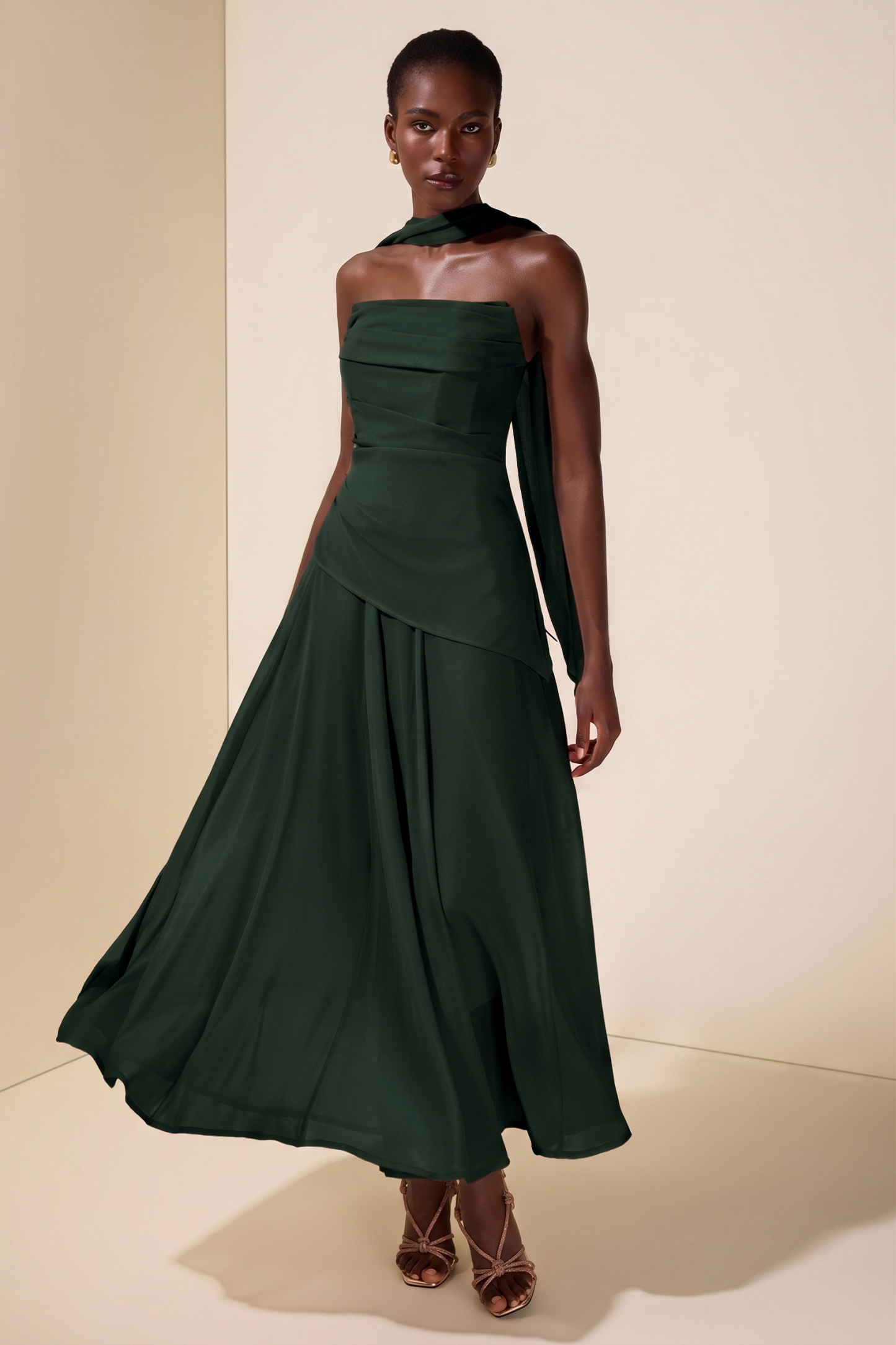 Solid Off-Shoulder Tie-Up Midi Dress