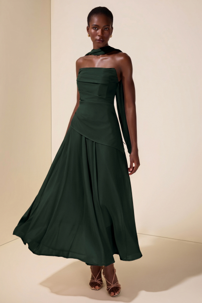 Solid Off-Shoulder Tie-Up Midi Dress