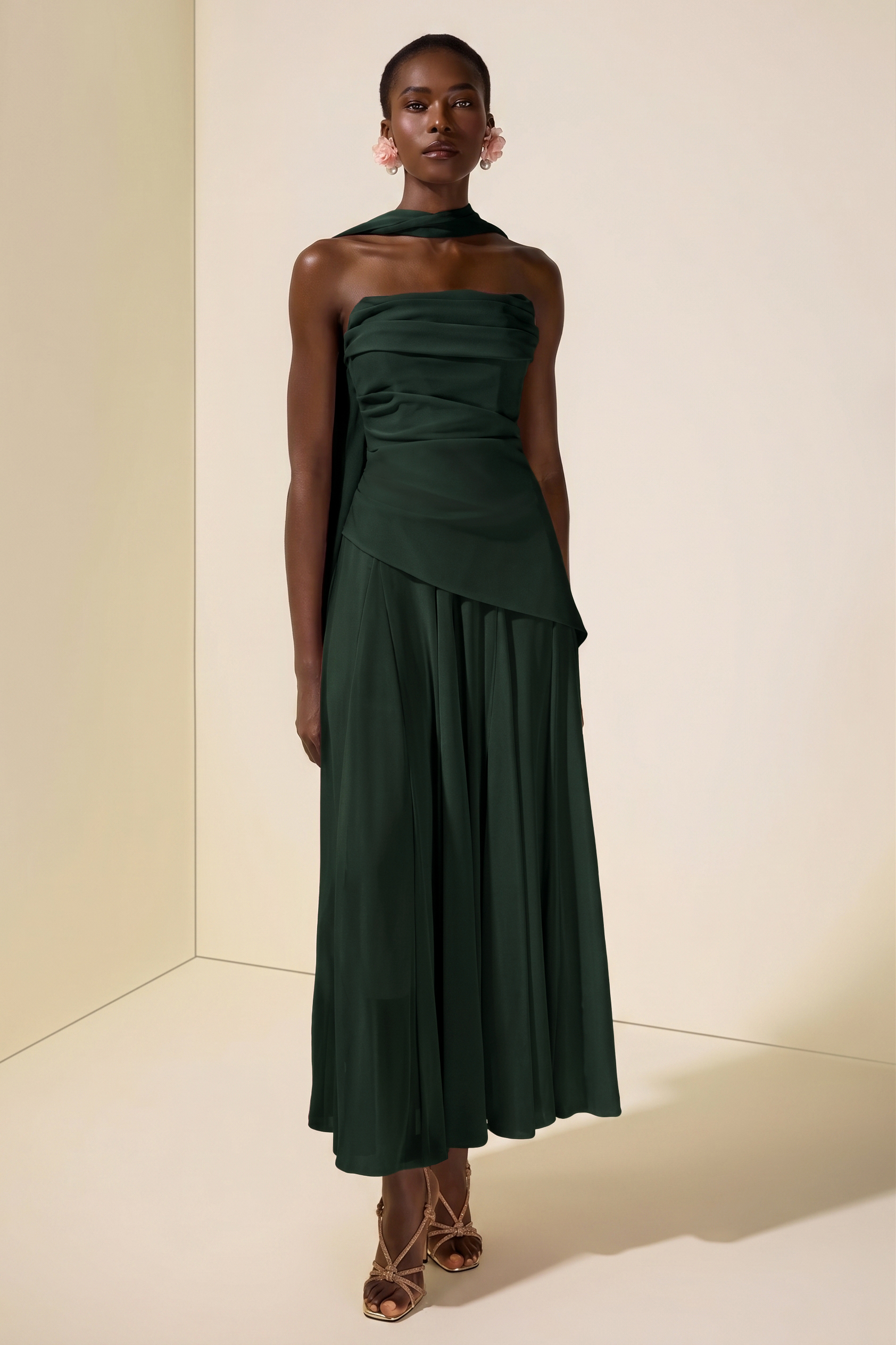 Solid Off-Shoulder Tie-Up Midi Dress