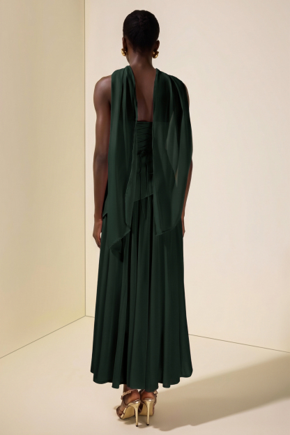 Solid Off-Shoulder Tie-Up Midi Dress