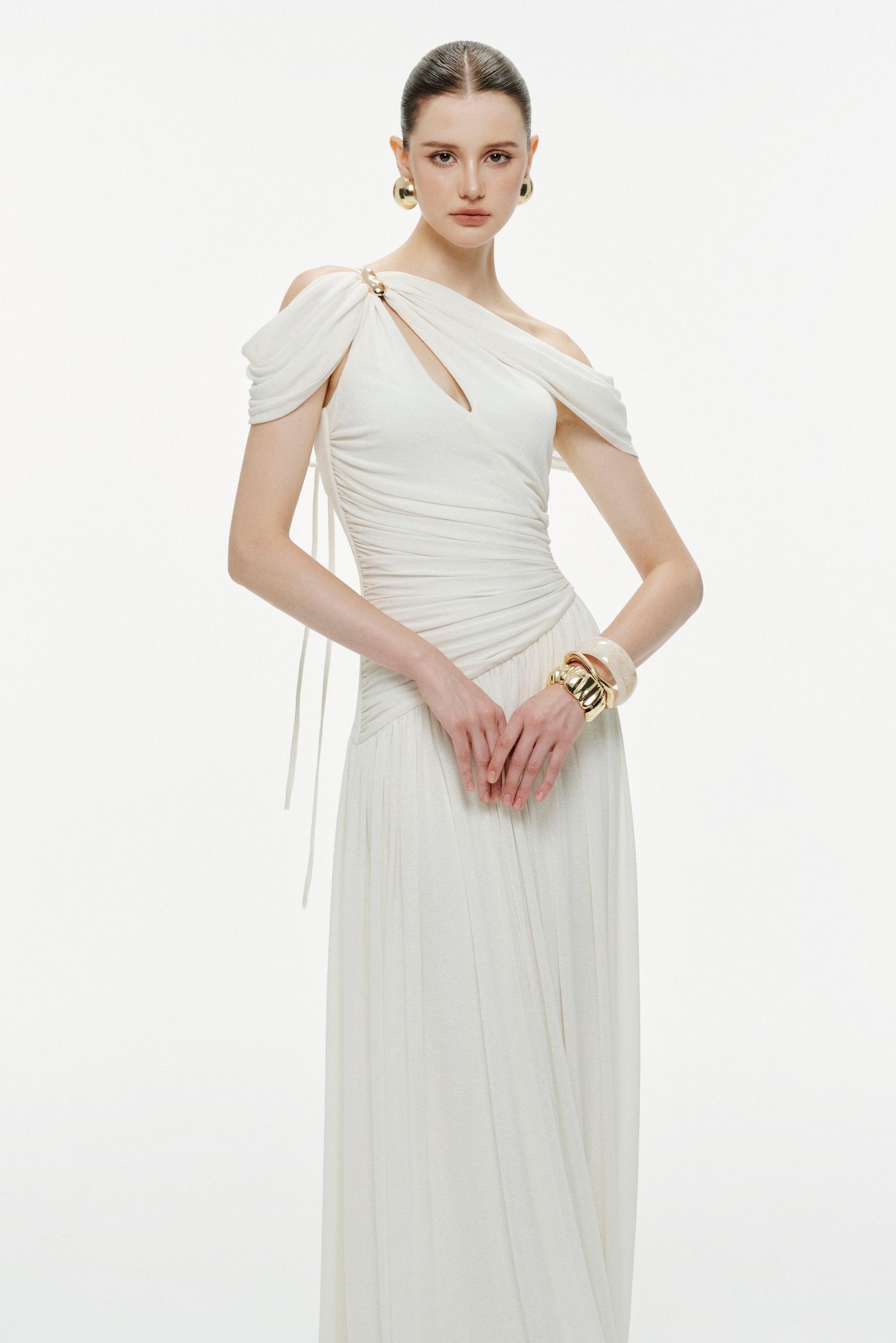 Solid One Shoulder Cape Sleeve Maxi Dress