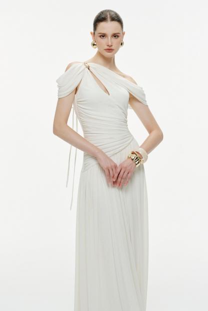 Solid One Shoulder Cape Sleeve Maxi Dress