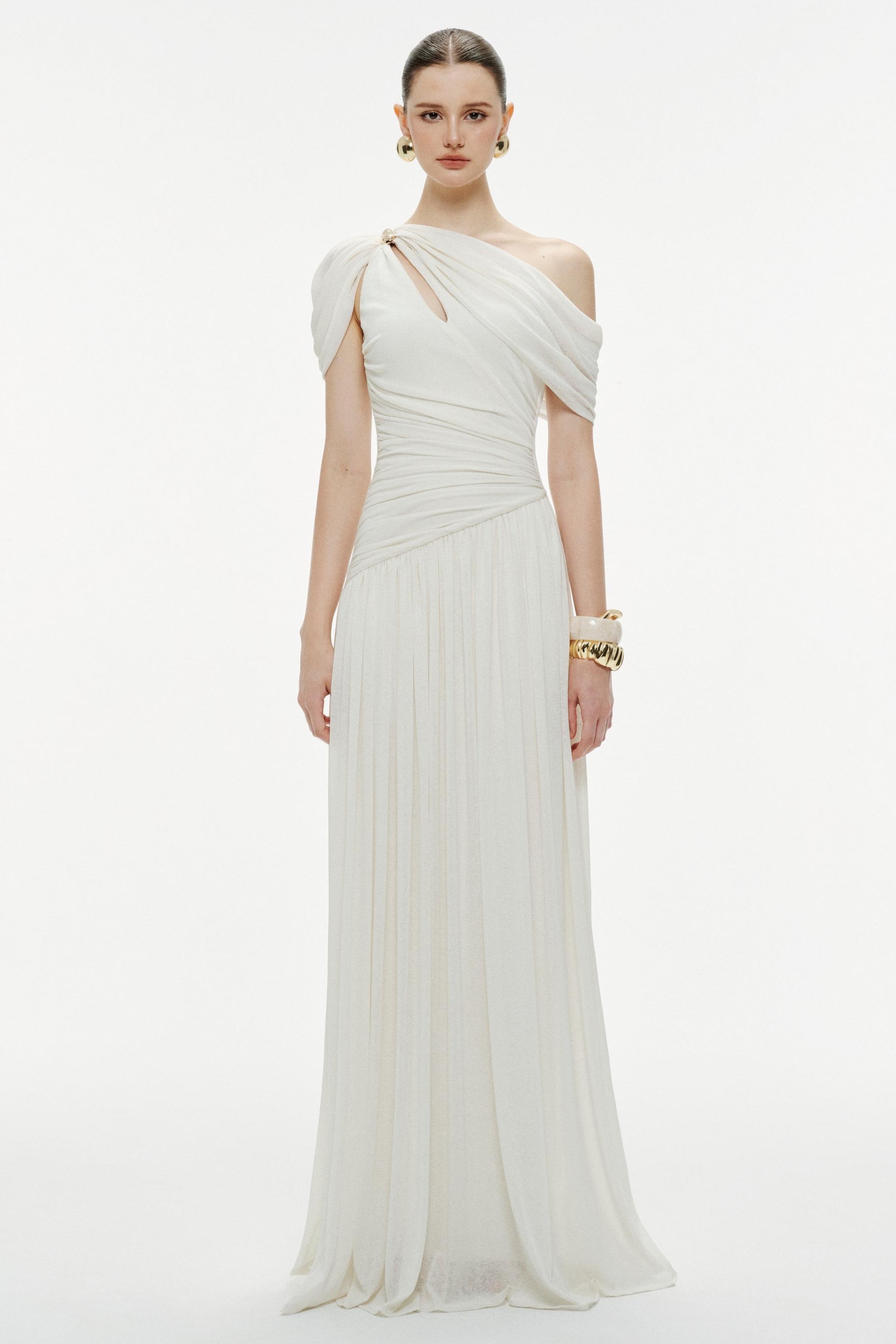 Solid One Shoulder Cape Sleeve Maxi Dress