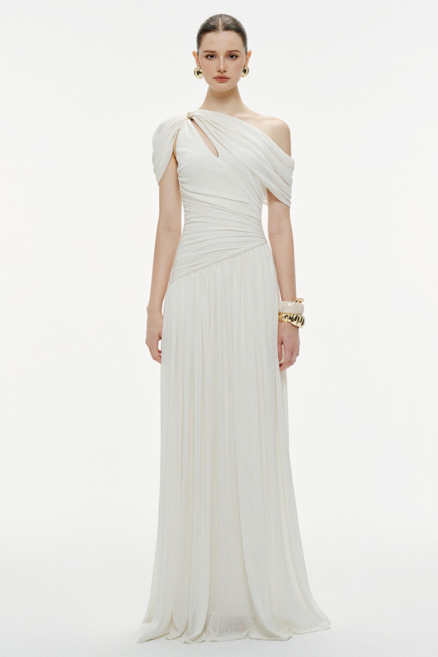 Solid One Shoulder Cape Sleeve Maxi Dress