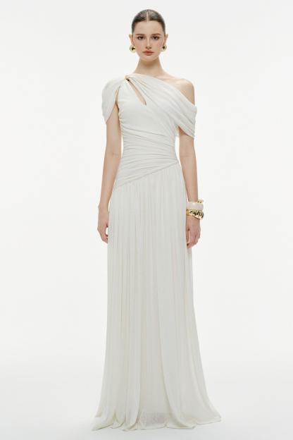 Solid One Shoulder Cape Sleeve Maxi Dress