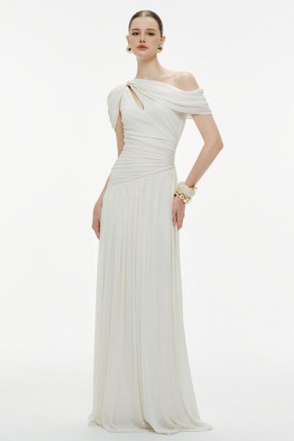 Solid One Shoulder Cape Sleeve Maxi Dress