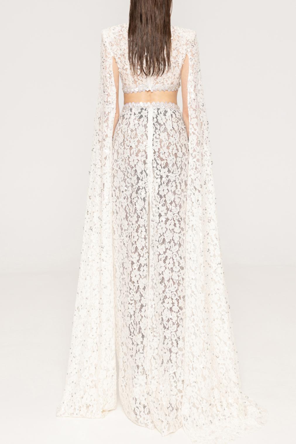 Lace Sequin Cape Sleeve Maxi Dress