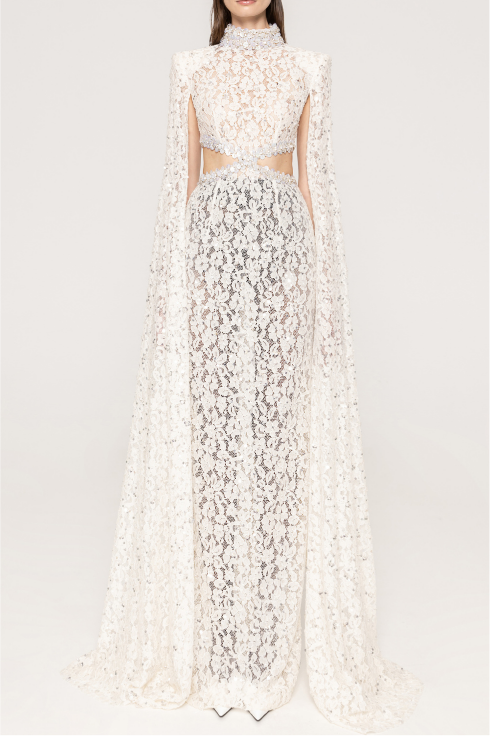 Lace Sequin Cape Sleeve Maxi Dress