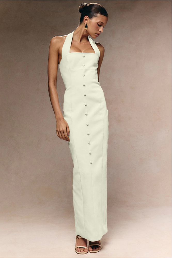 Solid Halter Neck Single Breasted Maxi Dress