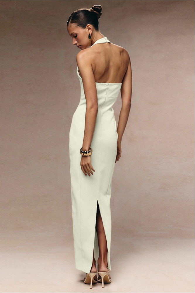 Solid Halter Neck Single Breasted Maxi Dress