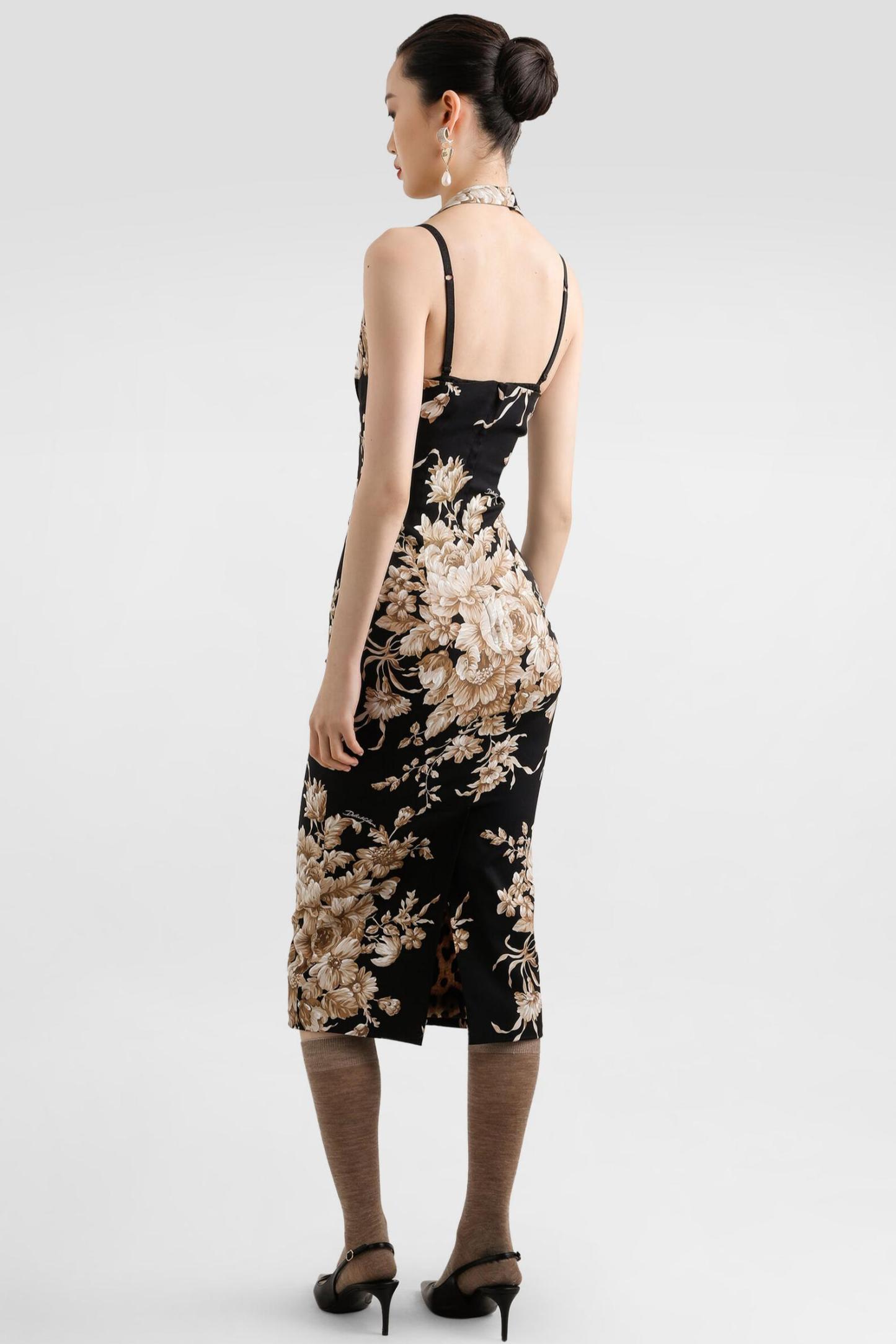 Floral Halter Neck Backless Midi Dress