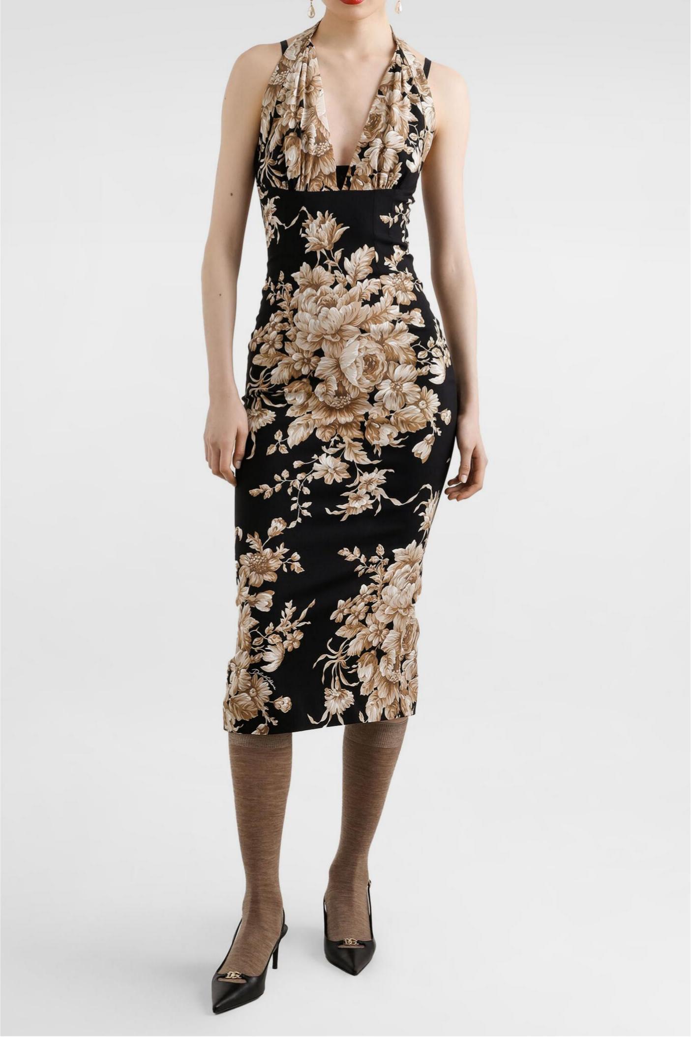 Floral Halter Neck Backless Midi Dress