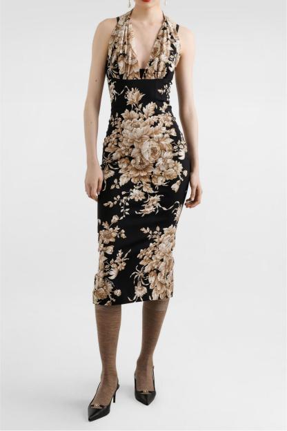 Floral Halter Neck Backless Midi Dress