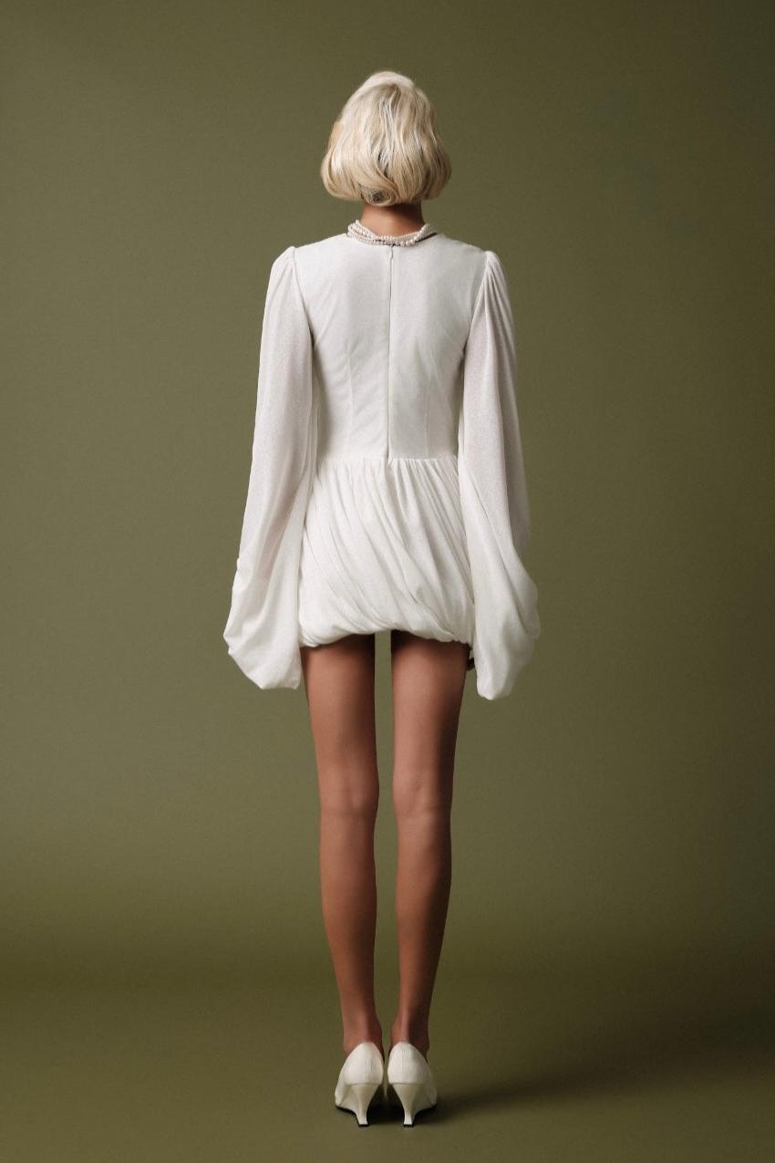 Jersey Gathering Lantern Sleeve Mini Dress