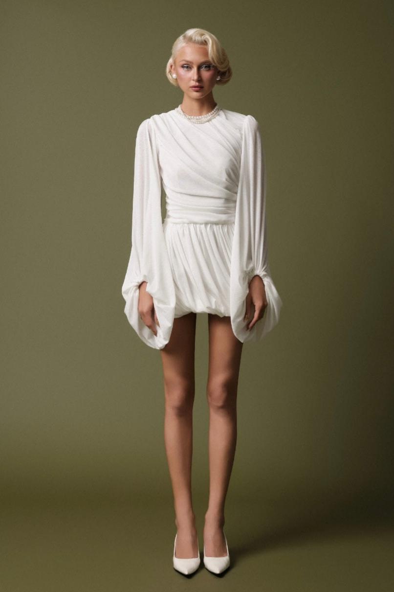 Jersey Gathering Lantern Sleeve Mini Dress