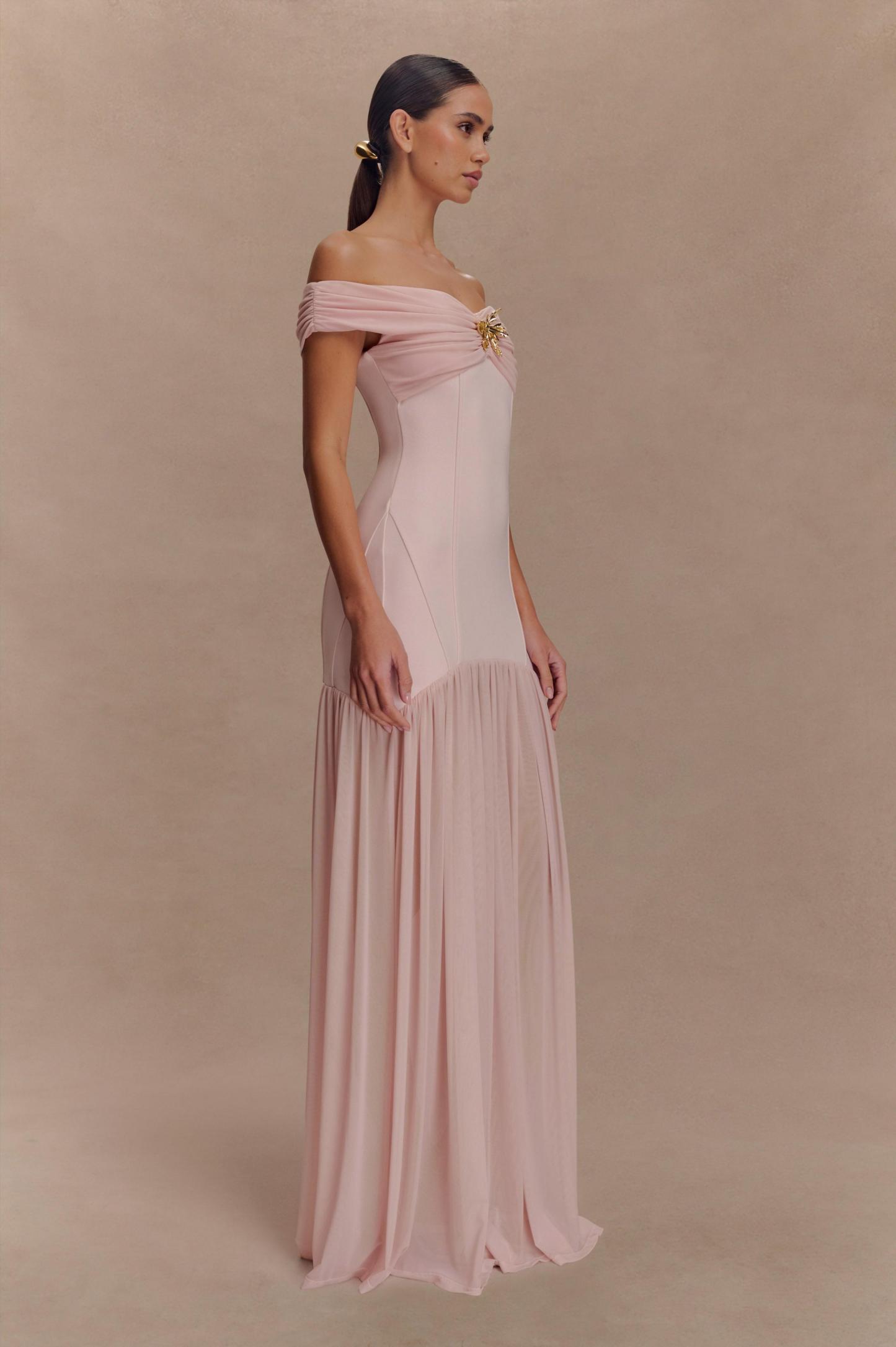Mesh Splicing Jersey Off-Shoulder Maxi Dress