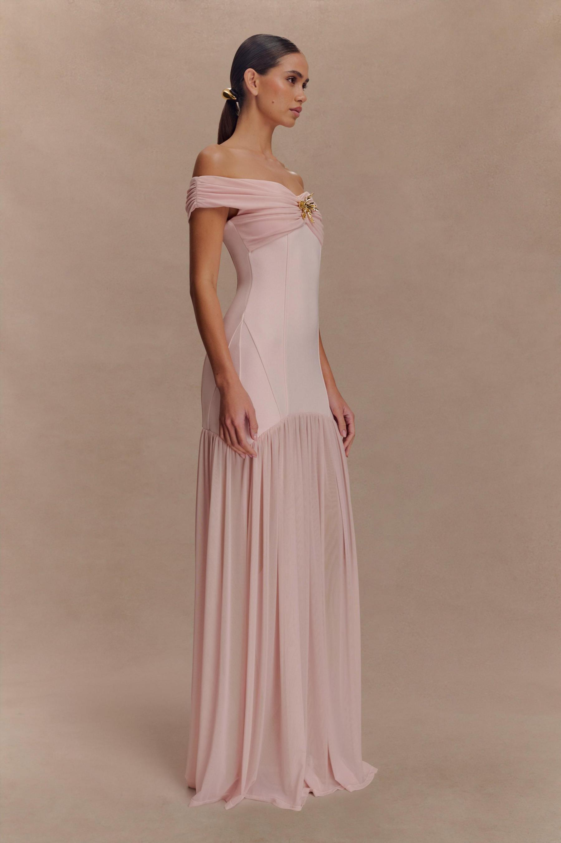 Mesh Splicing Jersey Off-Shoulder Maxi Dress
