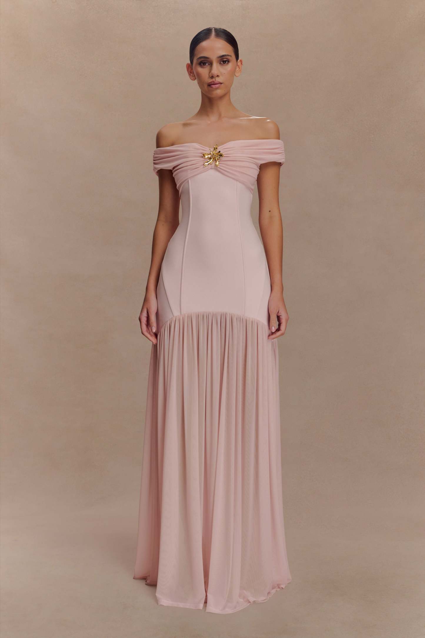 Mesh Splicing Jersey Off-Shoulder Maxi Dress