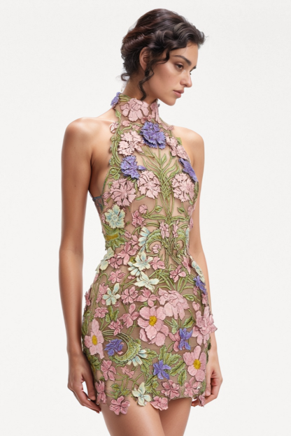 Embroidered Halter Neck Backless Mini Dress