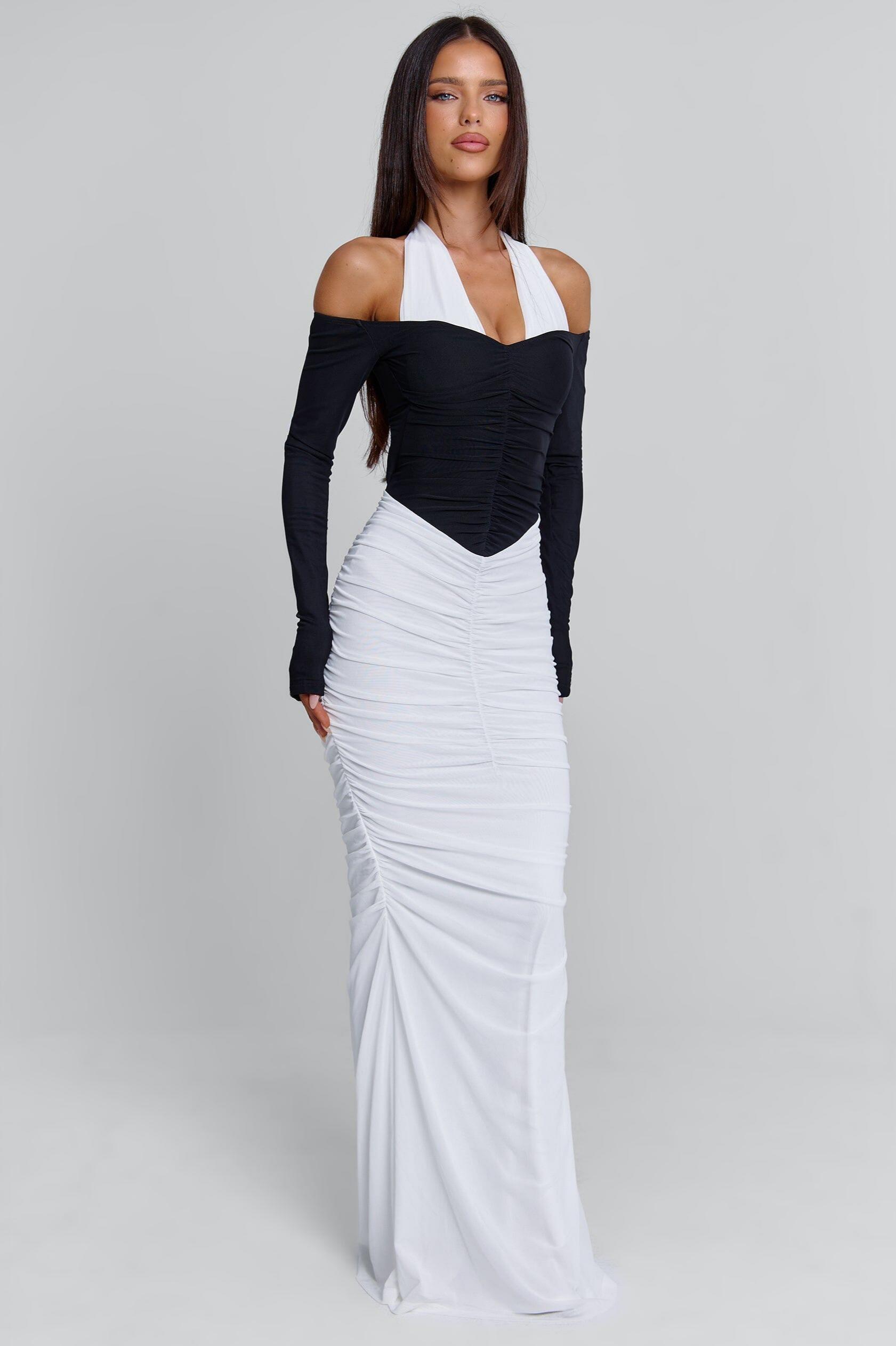Contrast Color Halter Neck Gathering Maxi Dress