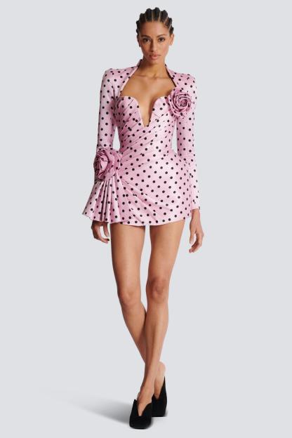 Polka Dot V-Neck 3D Flower Mini Dress