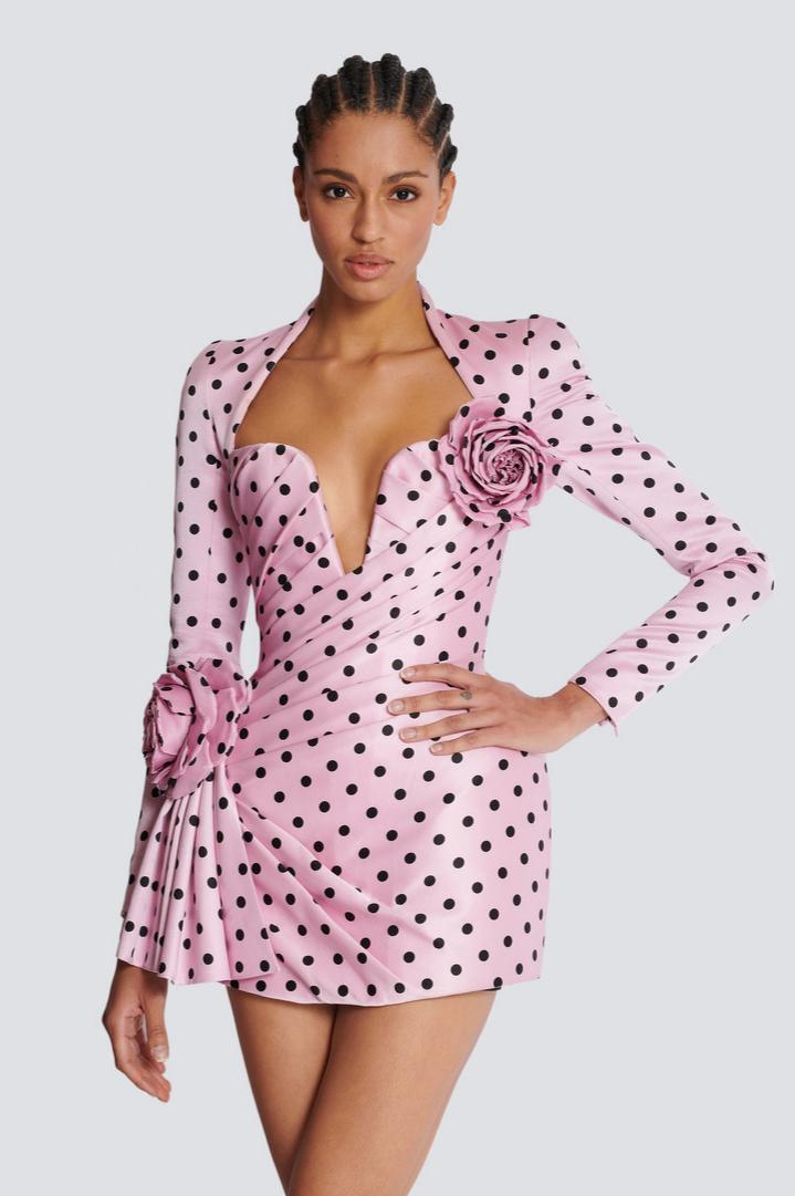 Polka Dot V-Neck 3D Flower Mini Dress