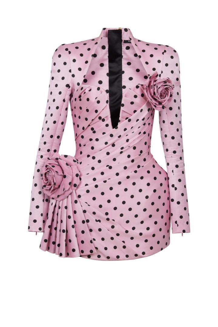 Polka Dot V-Neck 3D Flower Mini Dress