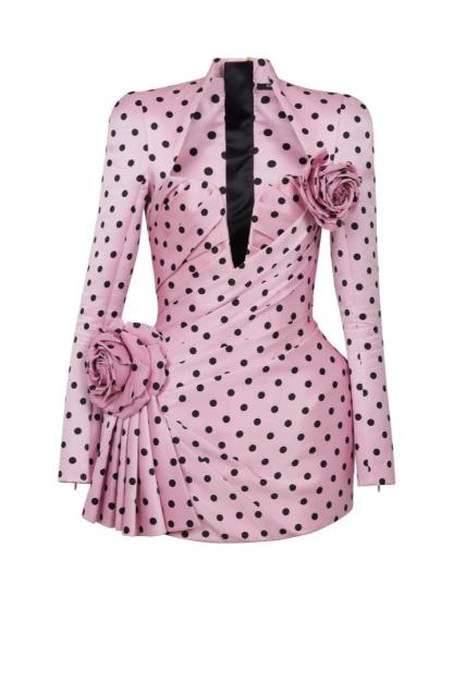 Polka Dot V-Neck 3D Flower Mini Dress