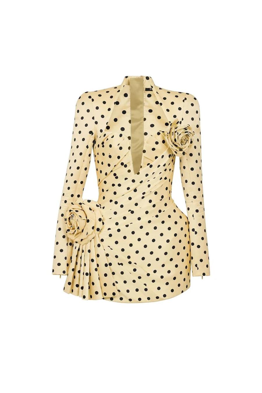Polka Dot V-Neck 3D Flower Mini Dress