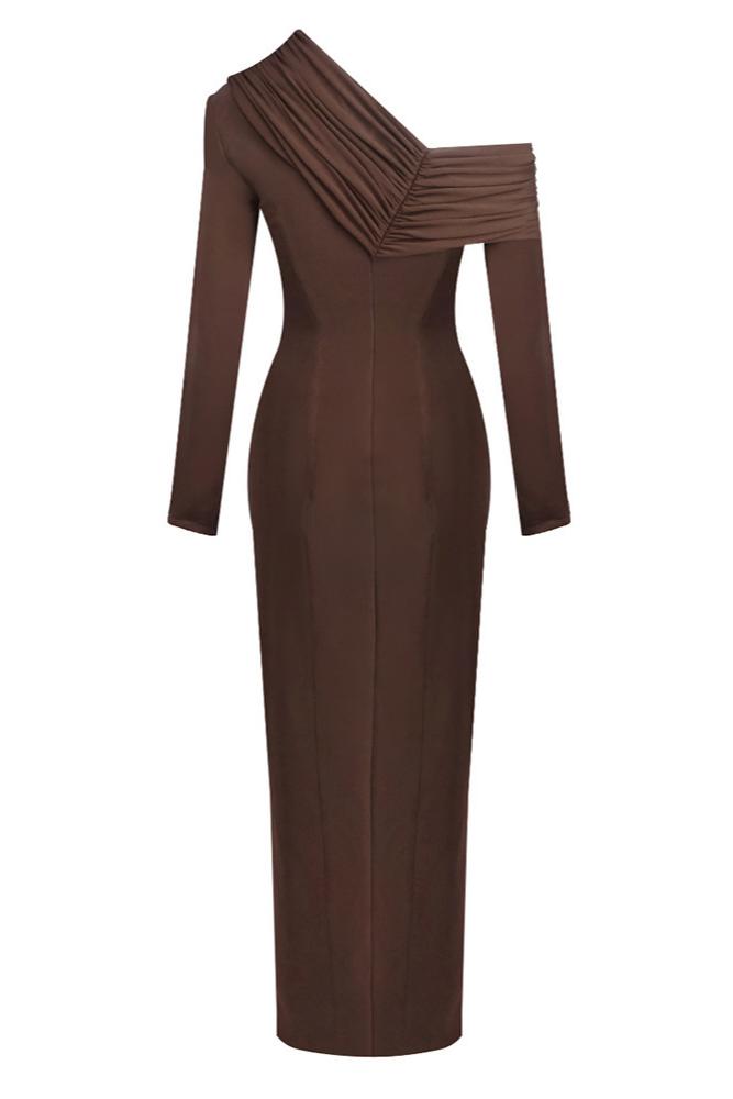 Solid One Shoulder Gathering Slit Maxi Dress