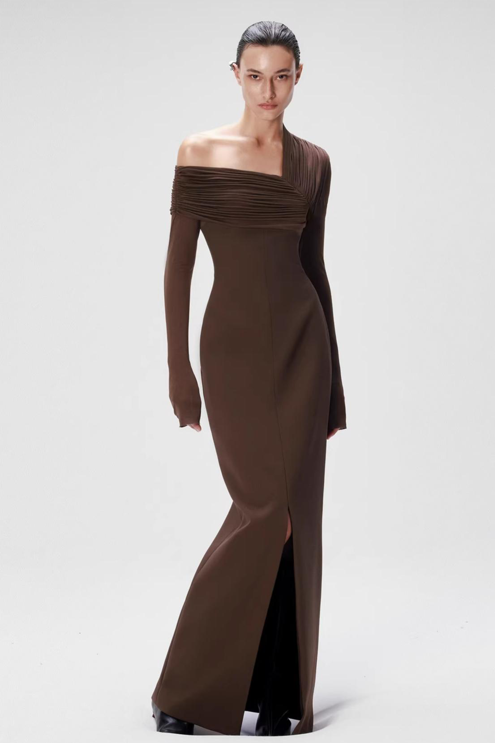 Solid One Shoulder Gathering Slit Maxi Dress