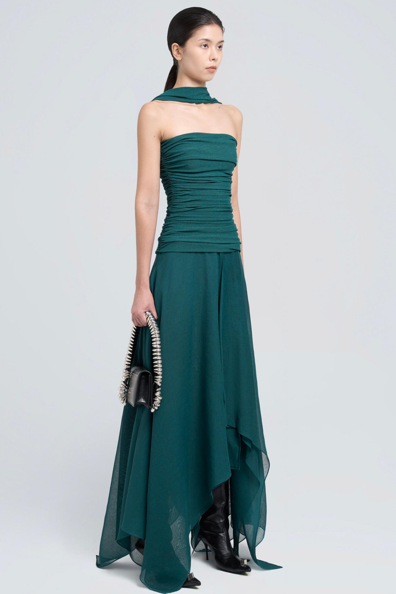 Jersey Splicing Organza Gathering Maxi Dress