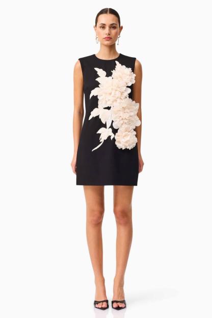 Contrast Color 3D Flower Round Neck Mini Dress