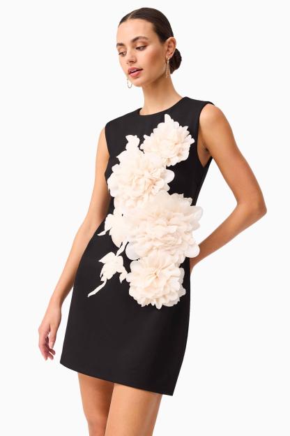 Contrast Color 3D Flower Round Neck Mini Dress