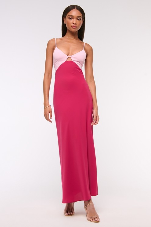 Contrast Color Cut-Out Slip Maxi Dress