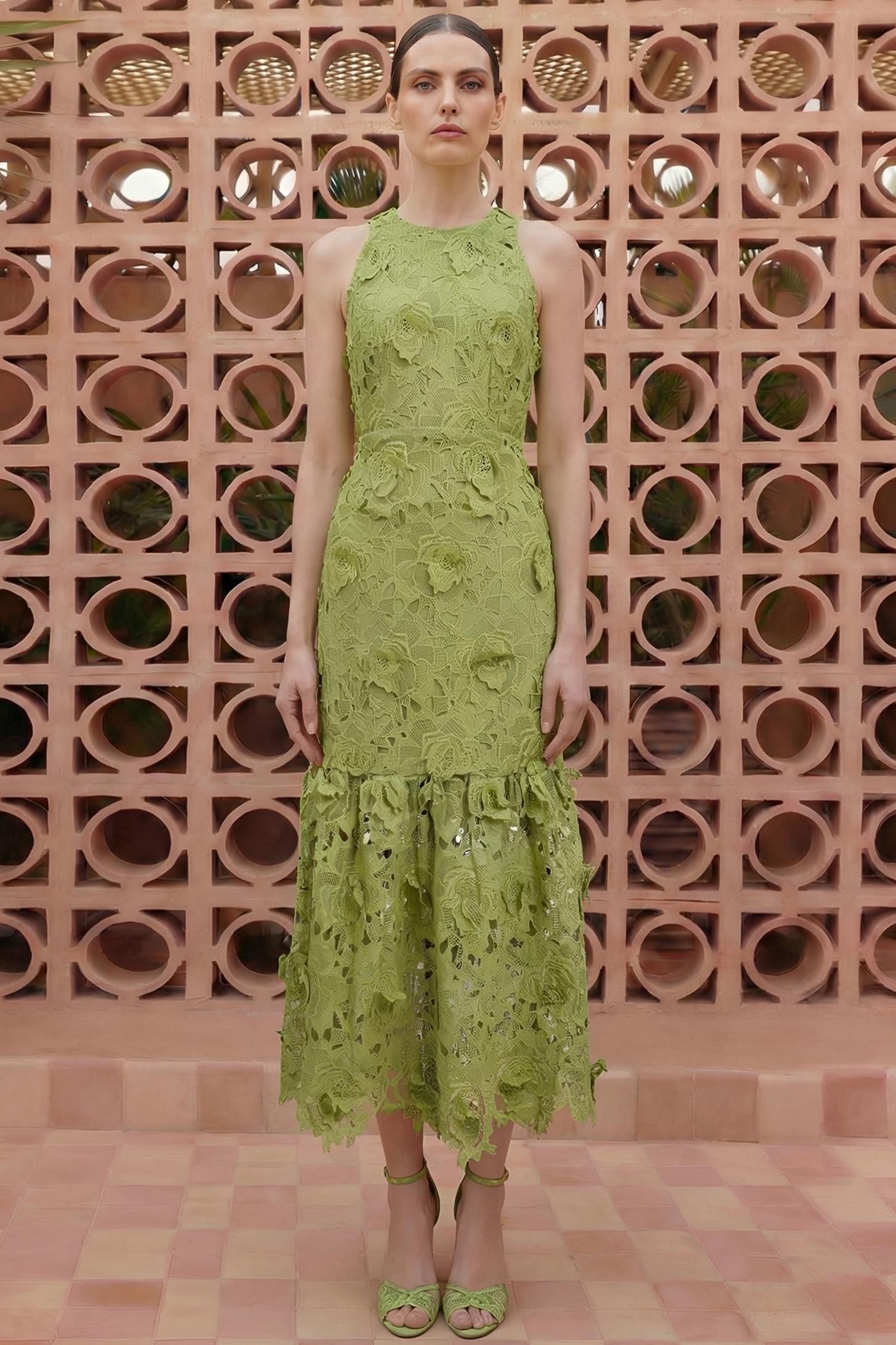 Lace Embroidered Sleeveless Midi Dress