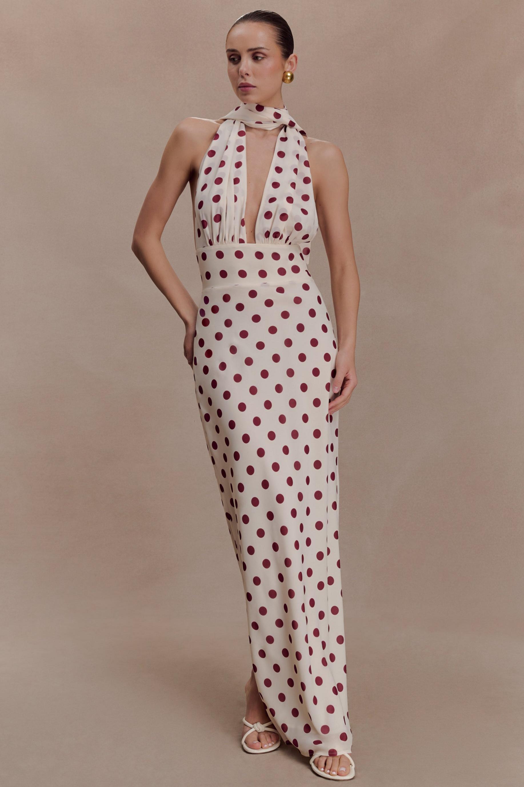 Polka Dot Halter Neck Backless Midi Dress