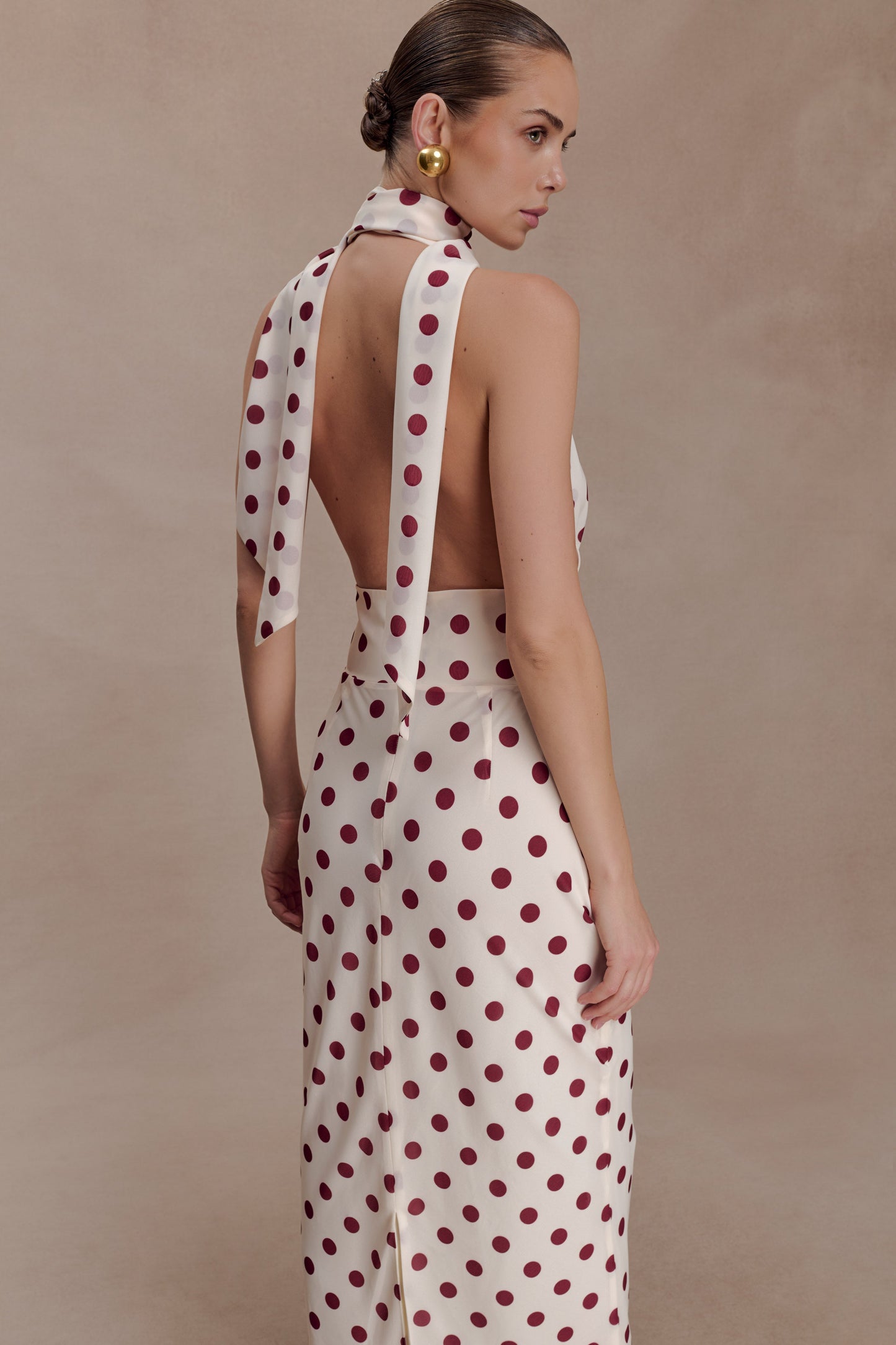 Polka Dot Halter Neck Backless Midi Dress