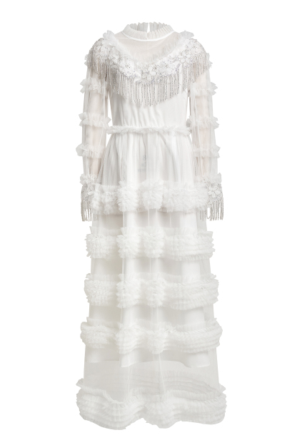 Beaded Frill Round Neck Midi Dress