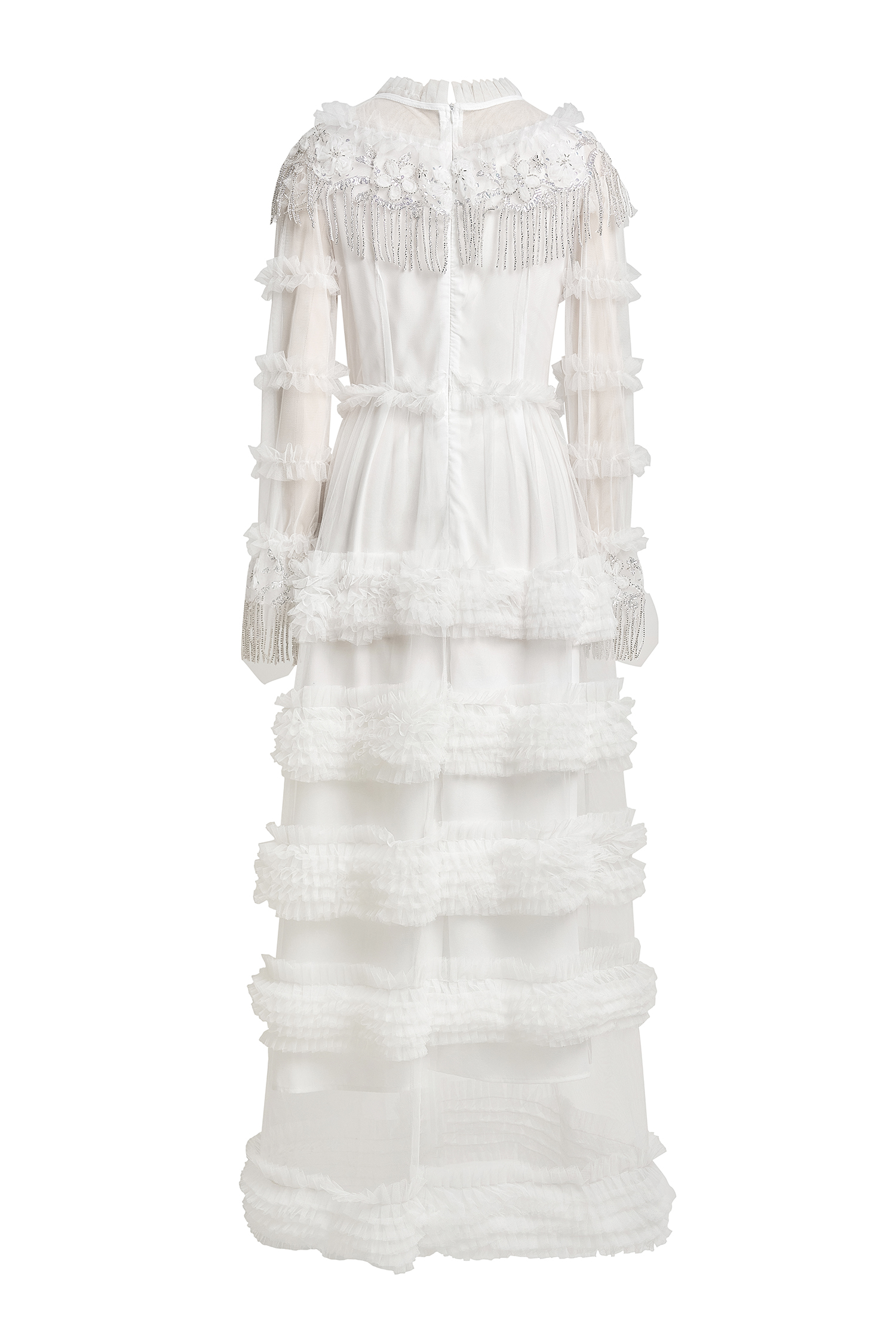 Beaded Frill Round Neck Midi Dress