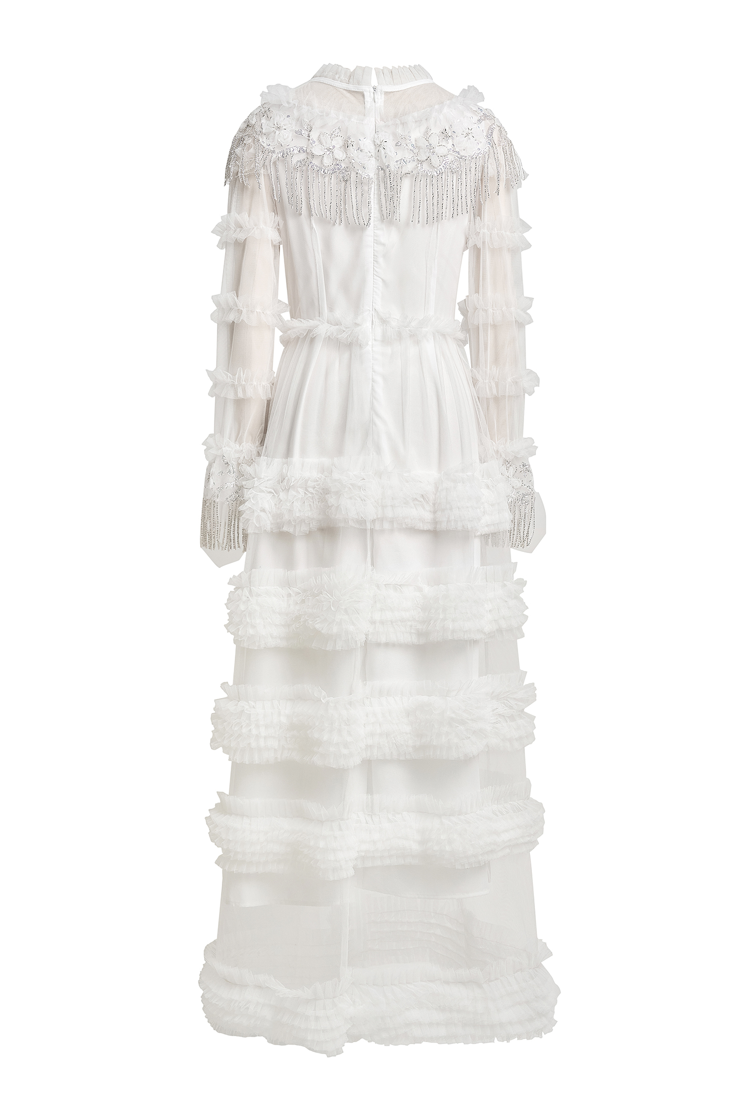 Beaded Frill Round Neck Midi Dress