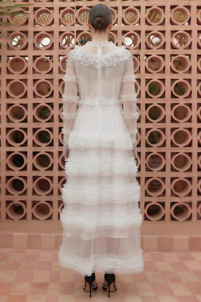 Beaded Frill Round Neck Midi Dress